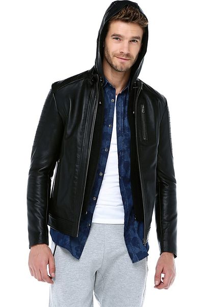 Dericlub Men's Plus Size Black Genuine Leather Hooded Coat - Livorno