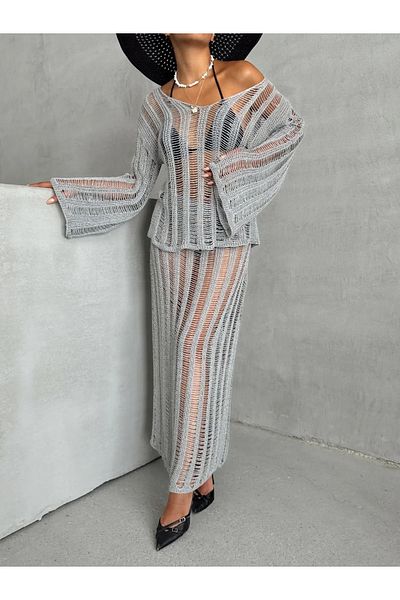 nosia fashion Γυναικεία Φαρδιά Πλεκτή Μπλούζα Φούστα Διπλό Σετ Παραλίας