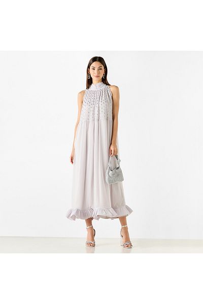 Iconic Embellished Sleeveless Midi Dress with High Neck and Flounce Hemline
