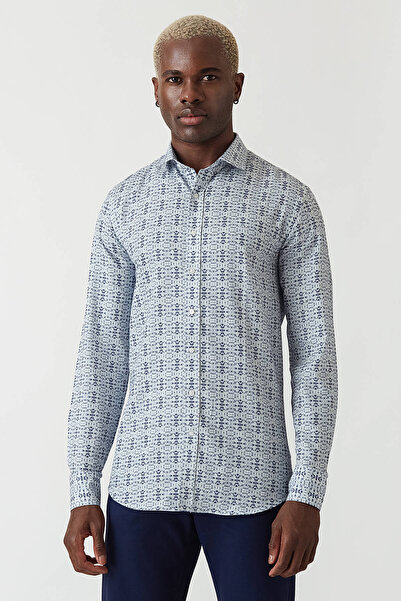 Bisse Slim Fit Uzun Kollu Lacivert Desenli Spor Erkek Gömlek