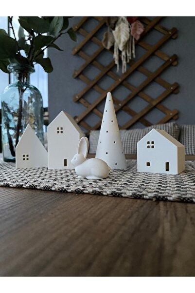 Root Made Kış Evleri 4 Parça Tealight Mumluk Noel Evleri 3 ev 1 Çam Ağacı Dekoratif Ev Biblo Yılbaşı Süsleri