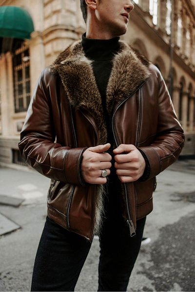 CE-YIL DERİ ÜRÜNLERİ Men's Genuine Fur Leather Biker Jacket