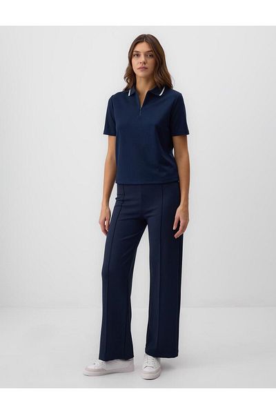 Jimmy Key Navy Blue Relaxed Fit High Waist Wide Leg Knitted Trousers