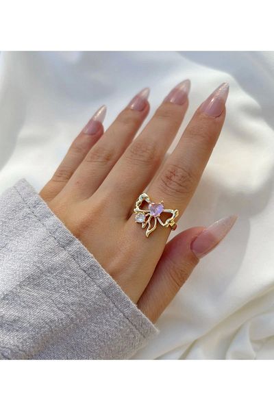 Eylülün Takısı Gold Colored Adjustable Pink-white Stone Women's Bow Ring