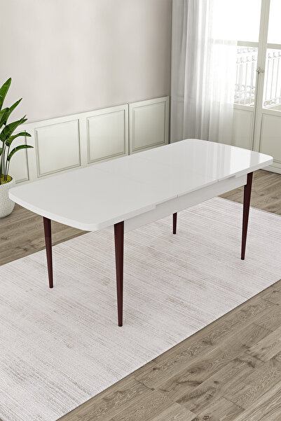 Canisa Roy Serisi 80x132 Mdf Beyaz Masa Ceviz Ayak Masa Takımı 4 Cappucino Sandalye Ve 1 Bench