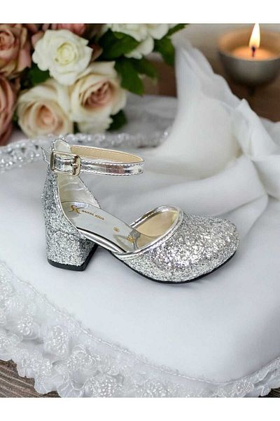 PATİK BEBE Girl's Silver Color Evening Dress Stylish Heeled Shoes