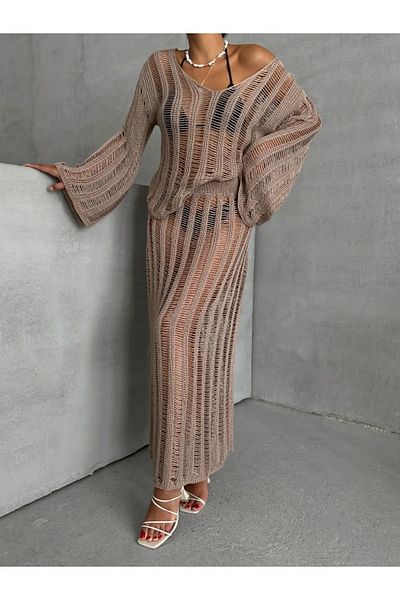 nosia fashion Γυναικεία Φαρδιά Πλεκτή Μπλούζα Φούστα Διπλό Σετ Παραλίας