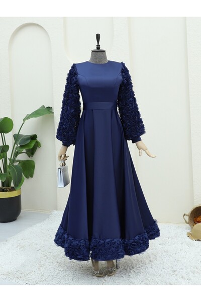 Modamorfo Σατέν βραδινό φόρεμα με ροζ λεπτομέρεια στη φούστα και στα μανίκια - Navy