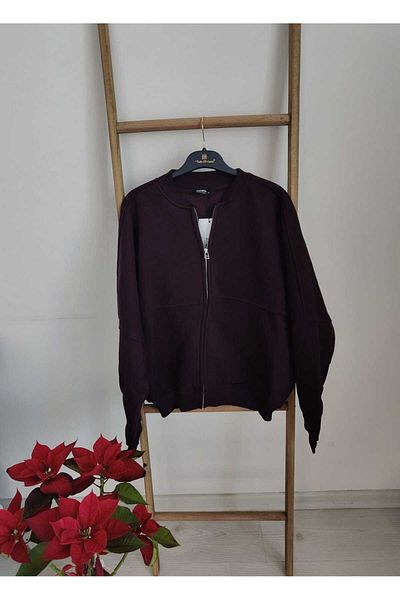 AMİNENESİL Dark Plum Bomber Jacket with Zipper Detail