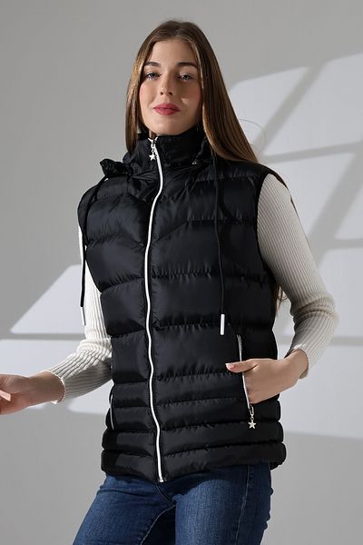 B.HE.Z Black Women's Inflatable Vest - Detachable Zipper, Hood, and Inner Pocket