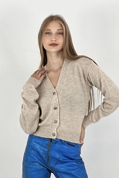 Miss Poem Women's Long Sleeve V Neck Off-The-Shoulder Mink Short Knitwear Cardigan