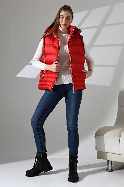 B.HE.Z Jel Dolgu Çıkartılabilen Fermuarlı Kapüşonlu İç Cepli Astarlı Kadın Şişme Yelek Kırmızı
