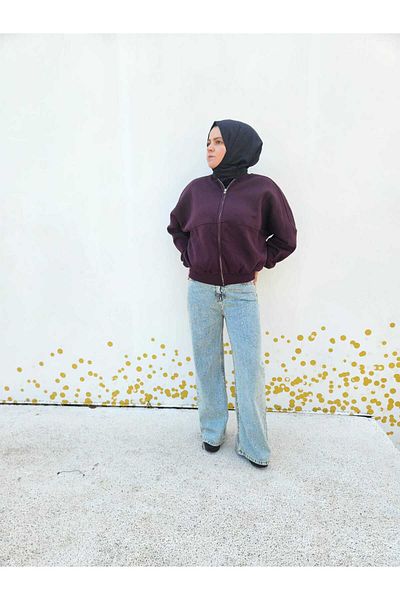 AMİNENESİL Dark Plum Bomber Jacket with Zipper Detail