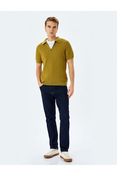 Koton New Season Half Zipper Cotton Textured Short Sleeve Knitwear T-Shirt