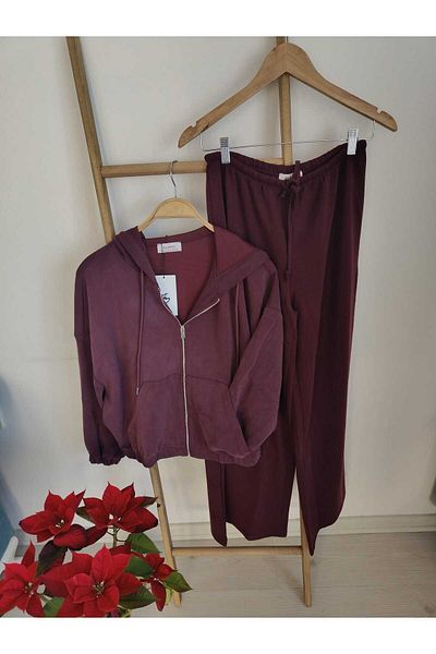AMİNENESİL Σετ αθλητική φόρμα Modal Fabric Claret Red με κουκούλα και λεπτομέρεια με φερμουάρ