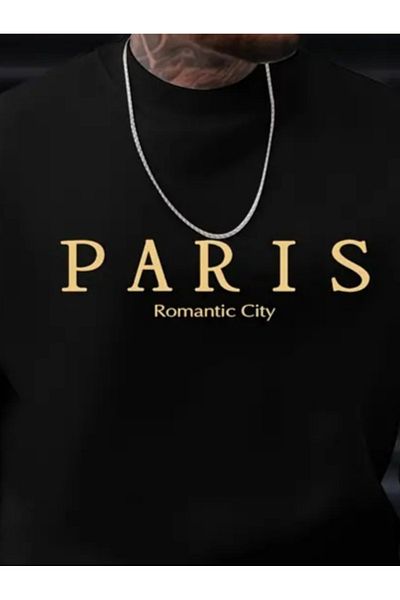 JANES Ανδρική μακρυμάνικη μπλούζα με λαιμόκοψη Paris Letter με δύο κλωστές