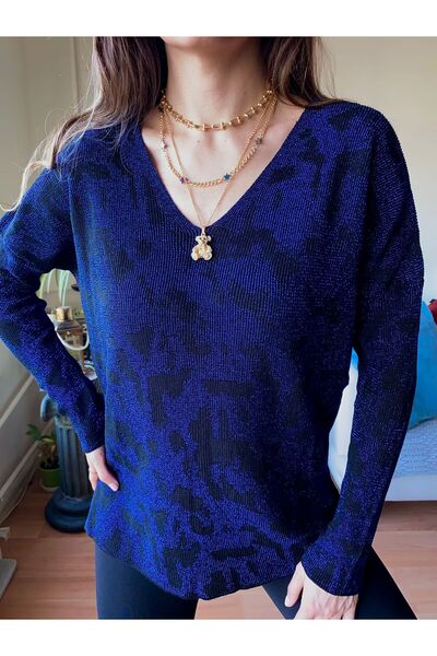 Store By Dilara Kadın Simli Lacivert Siyah Desenli V Yaka Triko Kazak