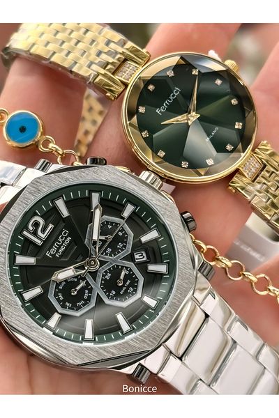 Ferrucci Steel Band Silver Yellow Color, Green Dial Lover Watches + Rosary Bracelet