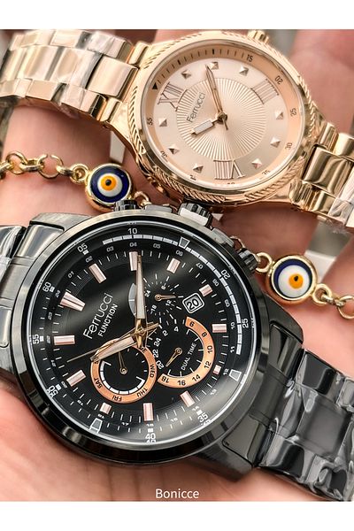 Ferrucci Black Rose Steel Band - Dear Watch and Rosary Bracelet Set