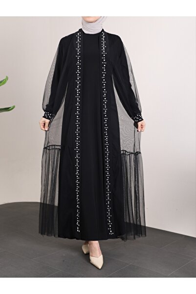 Modamorfo Διπλό Σετ Abaya με Μαύρα Πέρλες και Πέτρες