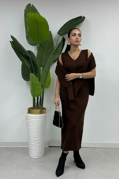 Swana Women's Knitting Fabric Strap Dress Sweater 2-Piece Set -Brown