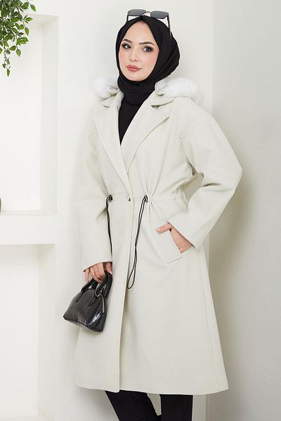 hafsamina Ecru Stamp Coat - s kapucí a šňůrkou v pase Hm2604