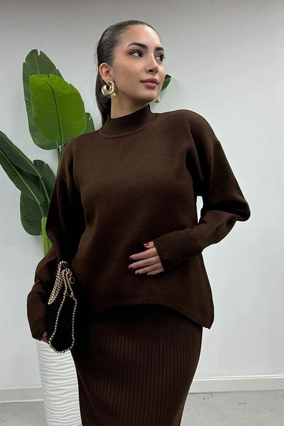 Swana Women's Knitting Fabric Strap Dress Sweater 2-Piece Set -Brown