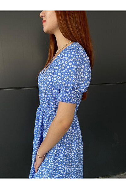 Kübra Tekstil 2480 Beyaz Mini Çiçek Detaylı Mavi Kadın Elbise