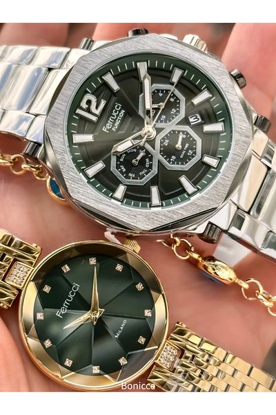 Ferrucci Steel Band Silver Yellow Color, Green Dial Lover Watches + Rosary Bracelet