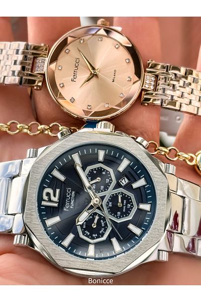 Ferrucci Steel Cord Silver Rose Color, Lover Watches + Rosary Bracelet
