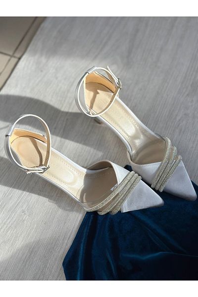 SHOEBOURNE Silver Satin Transparent and Stone Detailed Low Heel Evening Dress Shoes