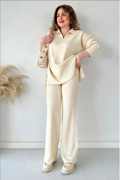 banessa Γυναικείο Πλεκτό Σετ Πόλο Πουλόβερ και Παντελόνι