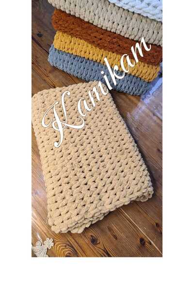 KAMİKAM Плюшено кадифено меко бебешко одеяло Alize 100 x 100 см, ръчно плетено