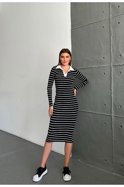MODAYA Women's Black Polo Neck Striped Long Camisole Dress