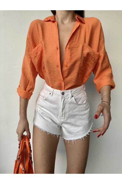 WellWay Πορτοκαλί Oversize γυναικείο πουκάμισο - Bodrum ύφασμα (λινό)