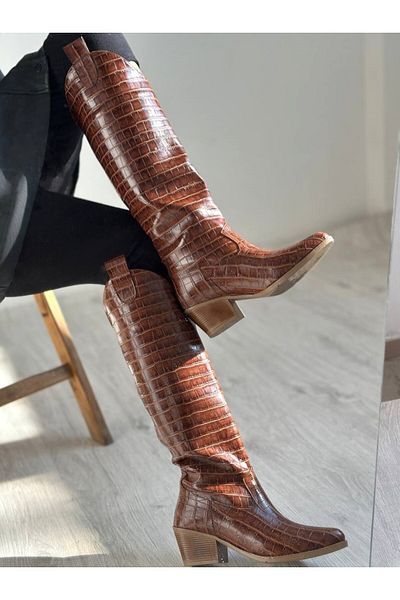 SHOEBOURNE Μακριές μπότες Tan Crocodile Shiny χωρίς φερμουάρ