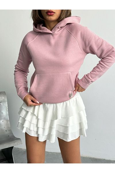 Look Forward Women's Pudra Color Hooded Pocket 3 Thread Sweatshirt