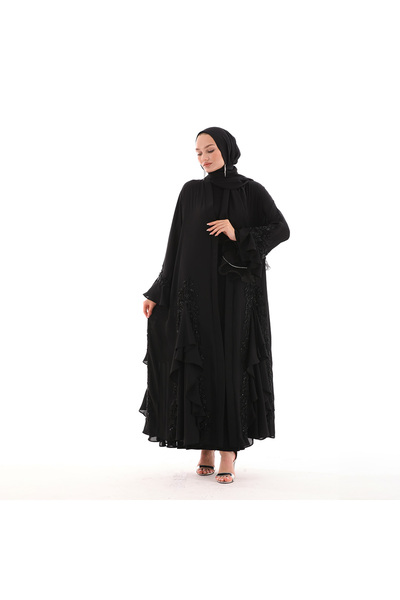 AGH Değerli Hediyeler LÜKS ABAYA STAR BLACK ŞIK ABAYA KREP ŞİFON KALİTE KUMAŞ EL İŞLEMELİ DANTEL