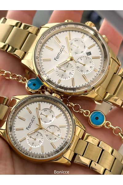 Ferrucci Brand Steel Cord, Yellow Color, Couple Lover Watches + Rosary Bracelet