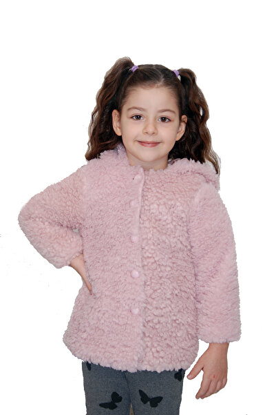 lila ribbon Kız Çocuk Pembe Kapüşonlu Düğmeli Şapkalı Polar Welsoft Peluş Cek...