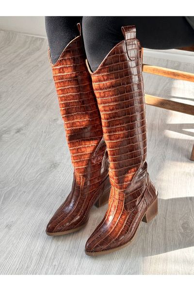 SHOEBOURNE Μακριές μπότες Tan Crocodile Shiny χωρίς φερμουάρ