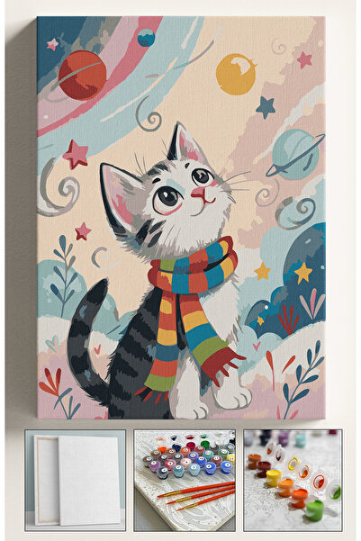 Sulepas Sayılarla Boyama Çerçeveli Hobi Seti Numaralı Tuval Fırça Boya Dahil Kasnaklı KIŞ VE KEDİ 40X50 Cm