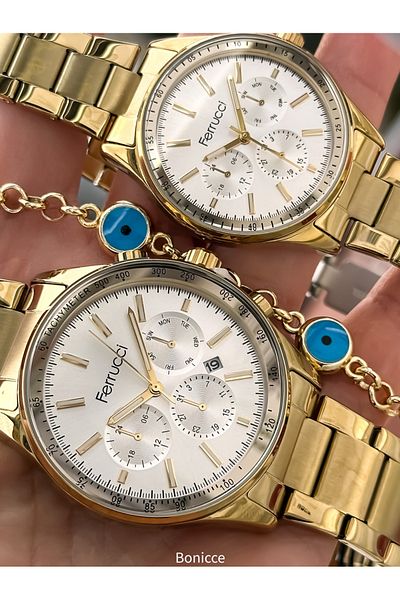 Ferrucci Brand Steel Cord, Yellow Color, Couple Lover Watches + Rosary Bracelet