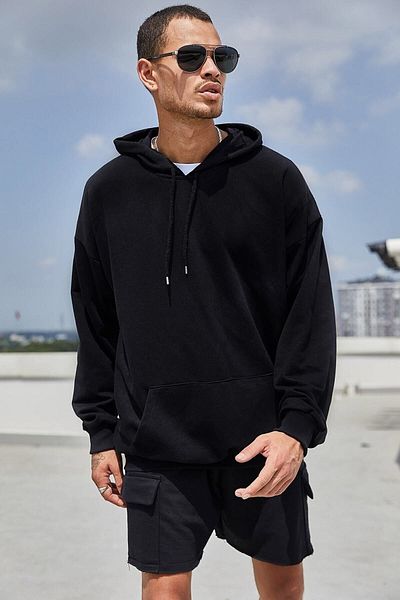 LAND MODA Unisex Black Oversize Hooded Kangaroo Sweatshirt