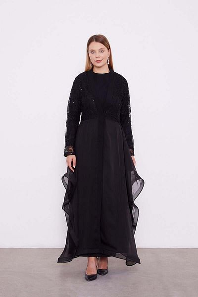 Levidor Black Abaya Top Garnished Asymmetrical Hem Ferace