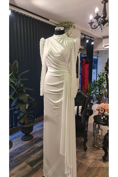 makbuleofficial Λευκό ύφασμα ντραπέ Λεπτομερής υπόσχεση Hijab βραδινό φόρεμα για γάμο αρραβώνων