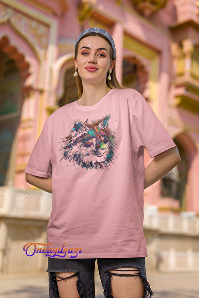 oneagılyazı تي شيرت كبير الحجم مطبوع عليه قطة ملونة