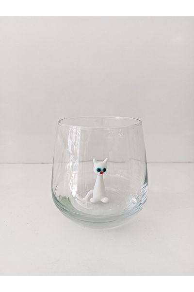 ADAMODART White Sitting Cat Glass Figured Water Cup
