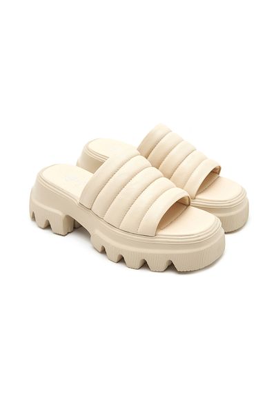 Desa Women's Ecru Puffer Leather Slippers