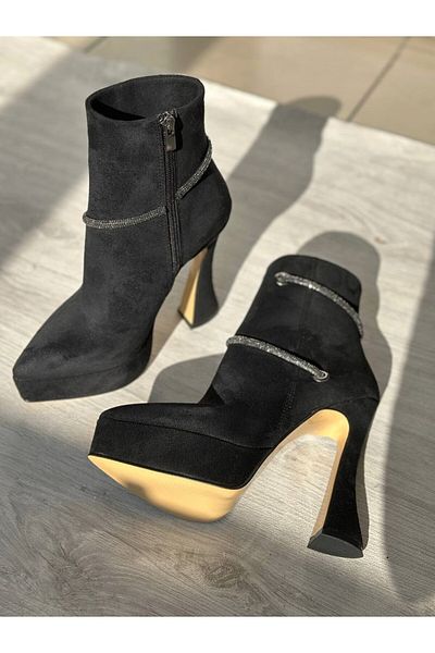 SHOEBOURNE Black Suede Pointed Toe Stylish High Heel Platform Boots with Stone Detail